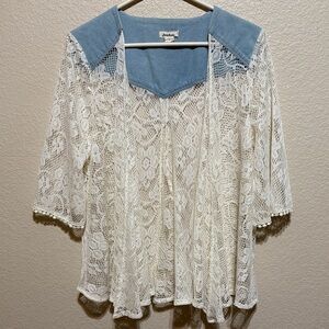 Love Riche Lace kimono Blouse denim and lace. Sz L